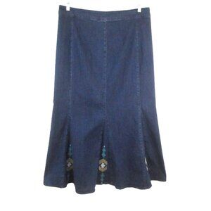 Ashro Blue Denim Skirt Long Flare A-Line Embroidered Dark Wash